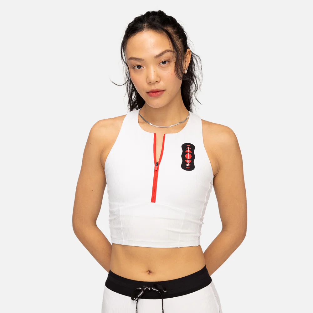 Cadence Stripe™ Zip Front Race Crop, White with Black - Bandit x ASICS - Image 3